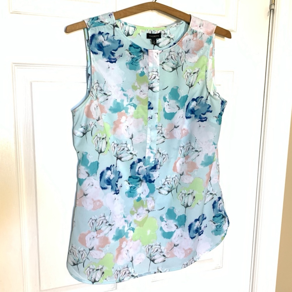 Talbots Floral Sleeveless Blouse Size 6 Blue Pink Watercolor Career Top